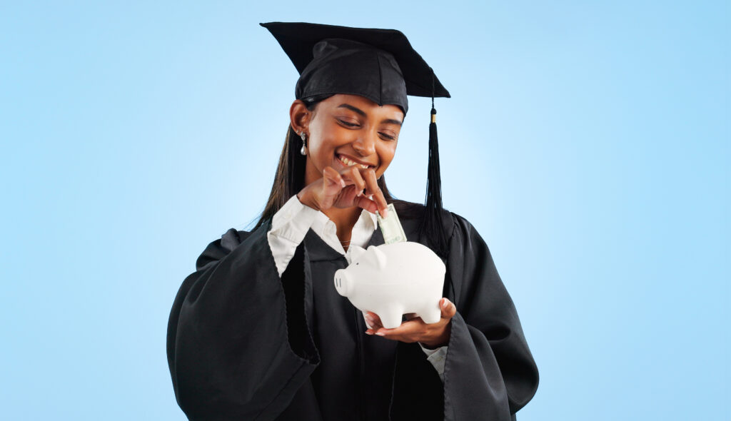 Photo of college bound female student putting money away to pay for college expenses - Saving for big future expenses is Step 8 of Money Guy's 9-Step FOO plan for building wealth.