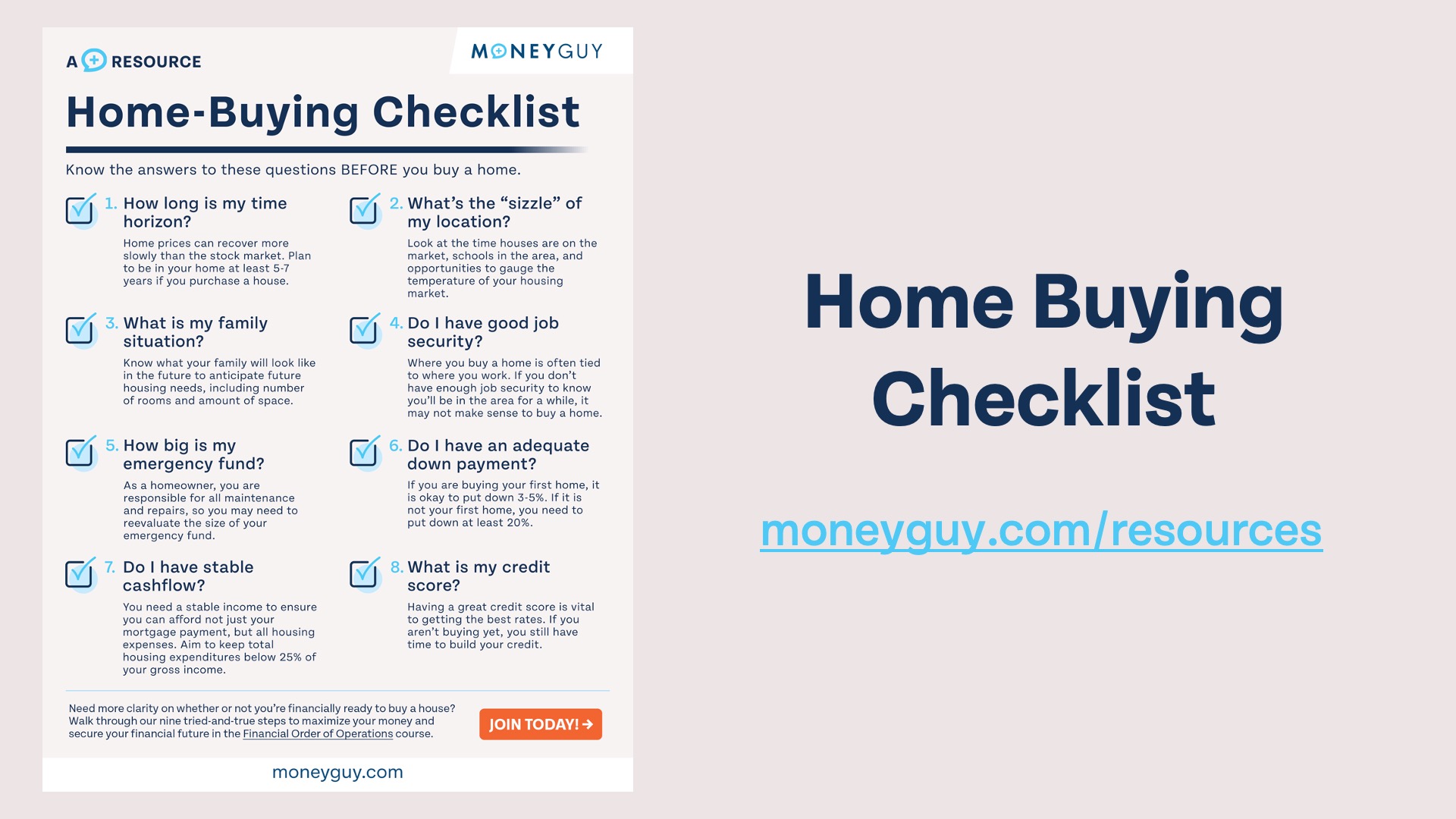 Screenshot of Money Guy's Popular Home Buying Checklist, which is free to download as a PDF from the Resources section of the moneyguy.com website.